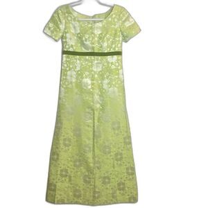 VTG Handmade Empire Waist Maxi Dress Floral Jacquard Lime Green Bridgerton Sz S